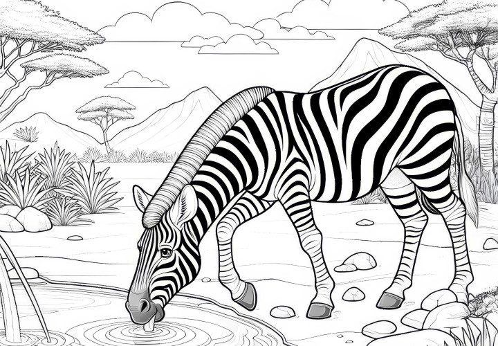 Zebra pije wodę w oazie: Szczegółowy obrazek do kolorowania (Darmowy)