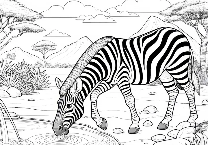 Cebra bebiendo agua en la oasis: Imagen para colorear detallada (Gratis)