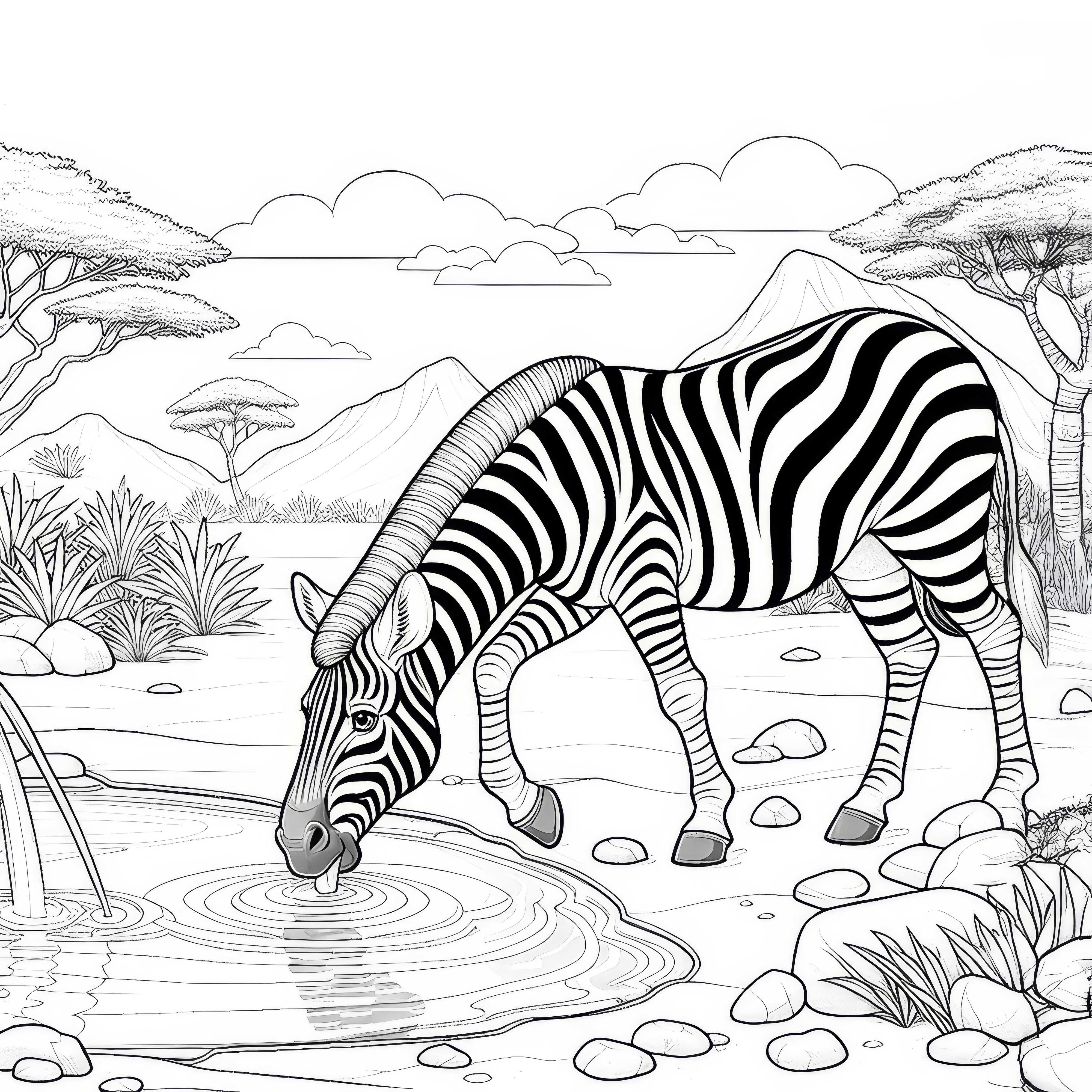 Zebra pije wodę w oazie: Szczegółowy obrazek do kolorowania (Darmowy)