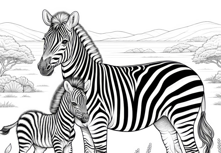 Matka zebra z źrebakiem: Szablon do kolorowania do pobrania (Darmowe)