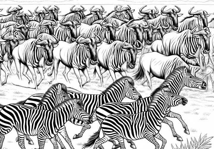 Zebra grubu ile Gnu sürüsü: Çocuklar için boyama sayfası (Ücretsiz) Zebra Grubu ile Gnu Sürü: Çocuklar için Boyama Sayfası (Ücretsiz)
