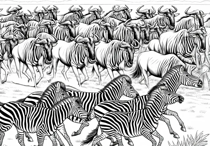Grupo de cebras con manada de ñus: imagen para colorear para niños (gratis)