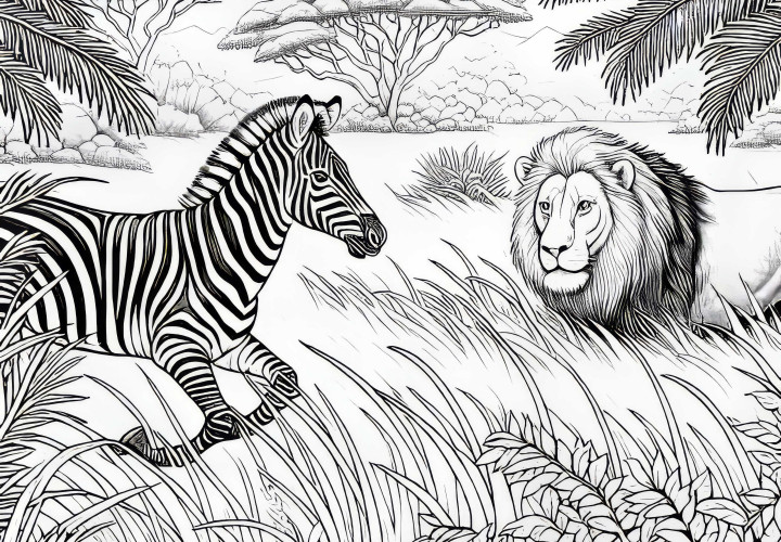 Zebra biegnie przez wysokie trawy, podczas gdy lew obserwuje: darmowy szablon do kolorowania