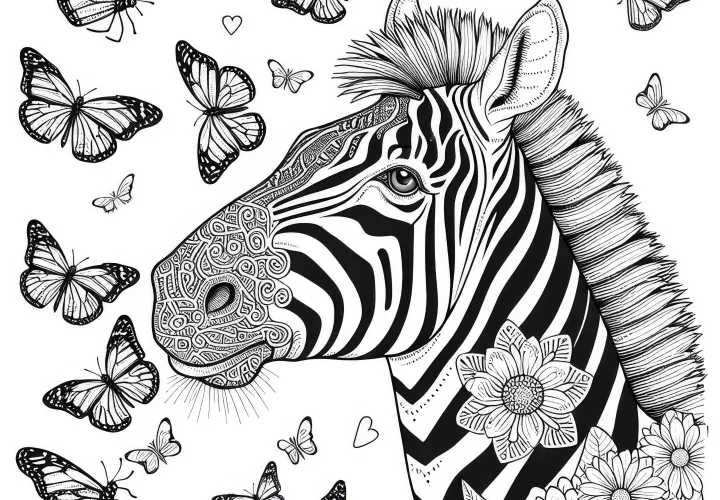 Cebra con mariposas: Plantilla para colorear detallada (Gratis)