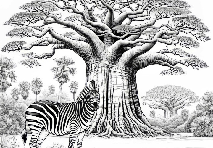 Zebra stoi przed drzewem baobab: szablon do malowania do pobrania (darmowo)