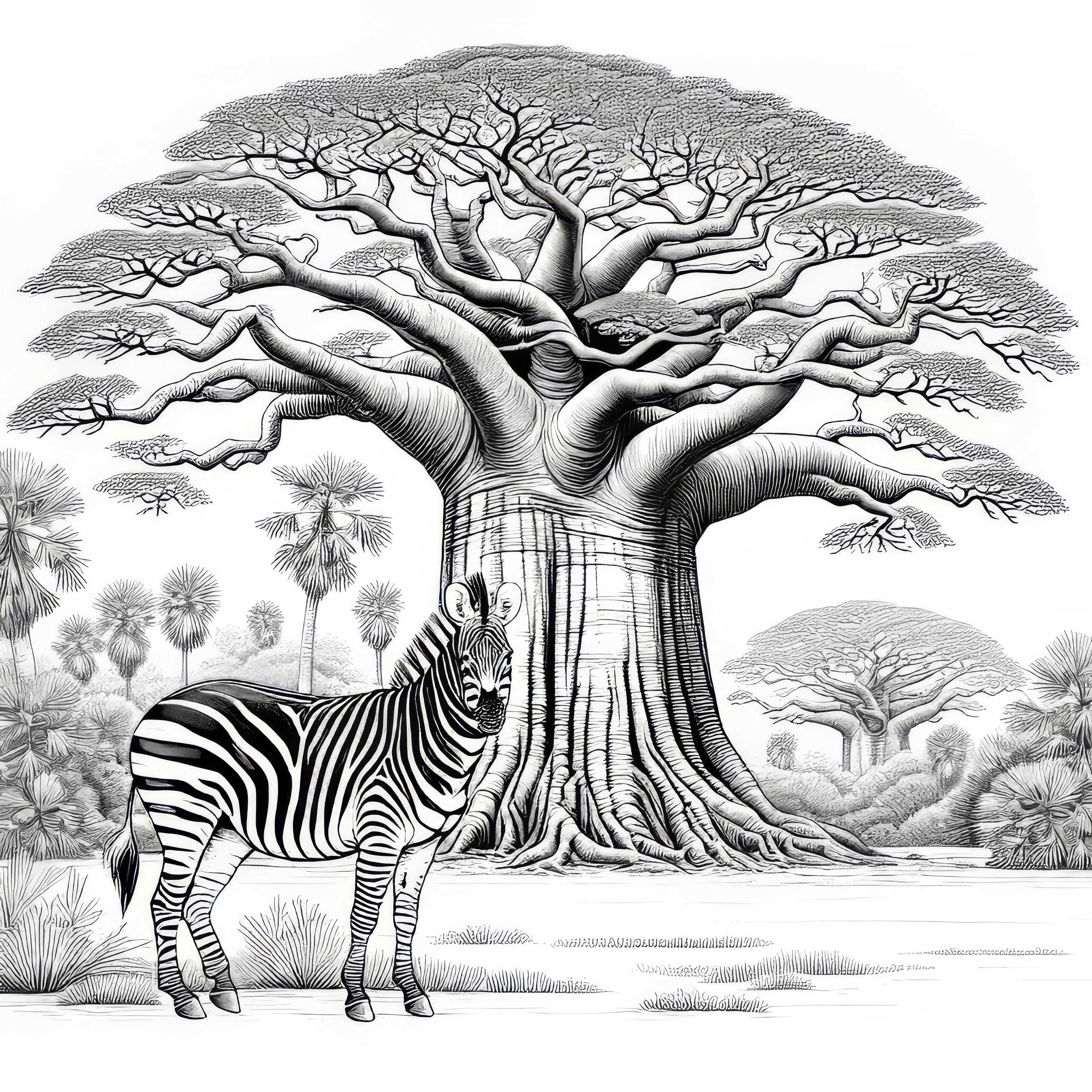 Zebra stoi przed drzewem baobab: Szablon do kolorowania do pobrania (Darmowy)