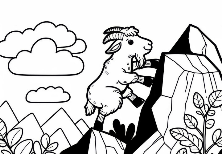 Una cabra sube por rocas empinadas: Dibujo para colorear gratis Una cabra sube por rocas empinadas: Dibujo para colorear gratis