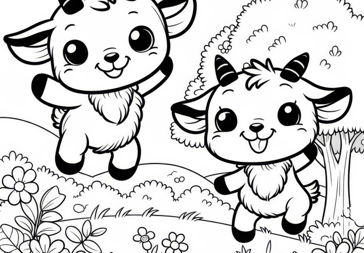 Dos pequeñas cabras saltan alegremente en el prado: Dibujo para colorear sencillo (Gratis) Dos cabritas saltan alegremente en el prado: Dibujo para colorear sencillo (Gratis)