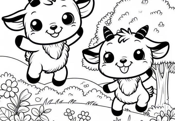 Twee kleine geitjes springen vrolijk op het gras: Eenvoudige kleurplaat (Gratis)