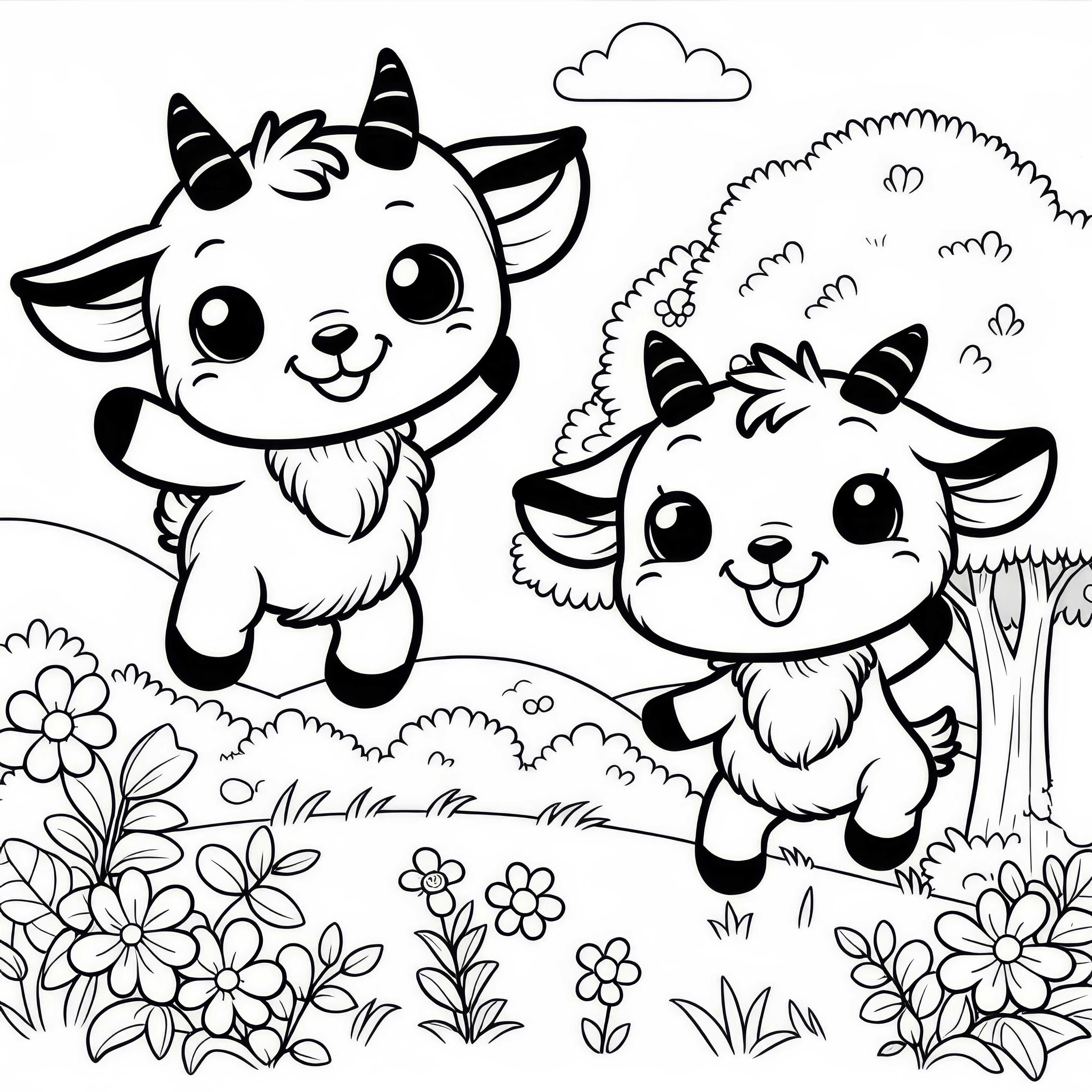 Dos cabritas saltan felices en el prado: Dibujo para colorear (Gratis)