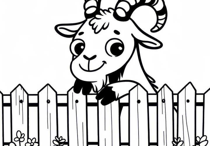 Una cabra mira por encima de la cerca: Dibujo para colorear sencillo (Gratis) Una cabra mira por encima de la valla: Imagen para colorear sencilla (Gratis)