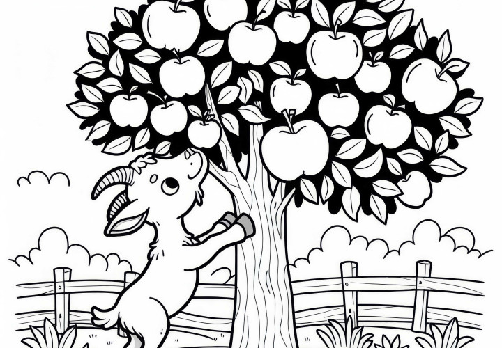 La cabra salta al manzano para comer una manzana: Dibujo para colorear simple (Gratis) Cabra salta hacia el manzano para comer una manzana: Dibujo para colorear simple (Gratis)