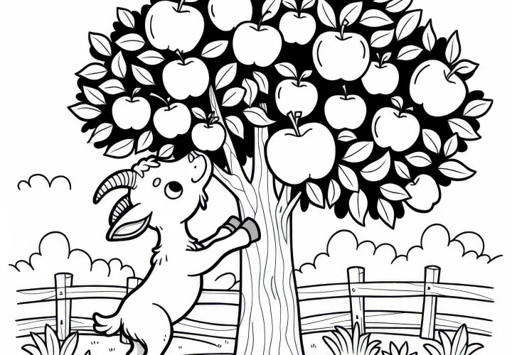 Geit springt omhoog in de appelboom om een appel te eten: Eenvoudige kleurplaat (Gratis)