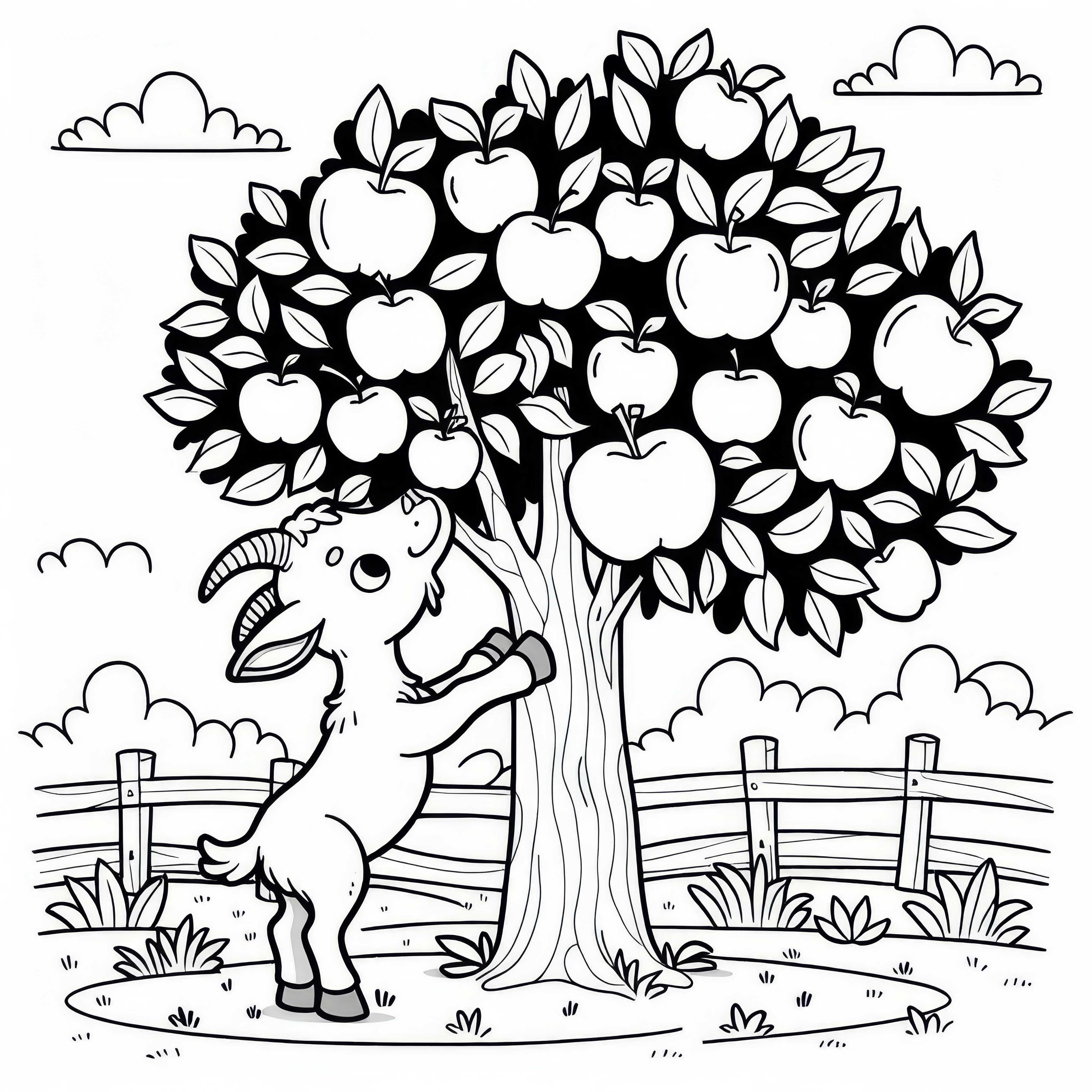 Cabra salta hacia el manzano para comerse una manzana: Dibujo para colorear simple (Gratis)