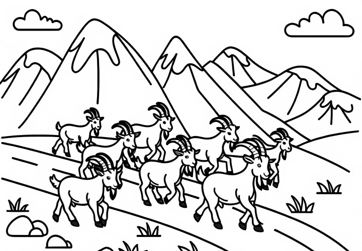 Un grupo de cabras camina por un camino de montaña: Plantilla de dibujo sencilla (Gratis) Un grupo de cabras camina por un camino de montaña: Plantilla de colorear sencilla (Gratis)