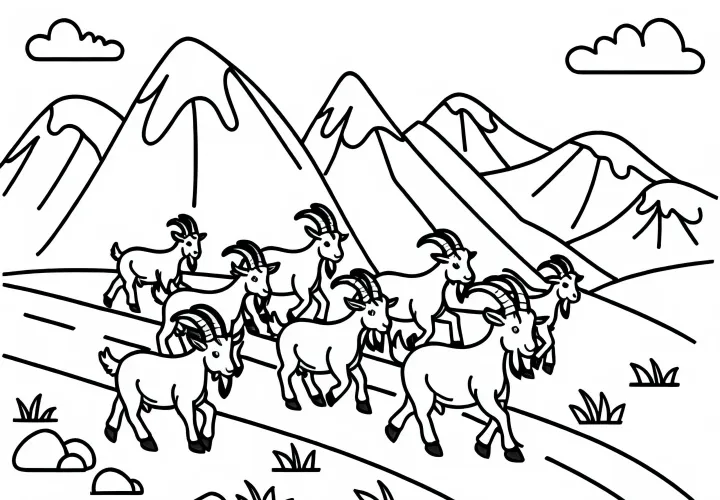 Een groep geiten loopt op een bergweg: Eenvoudige kleurplaat (Gratis)