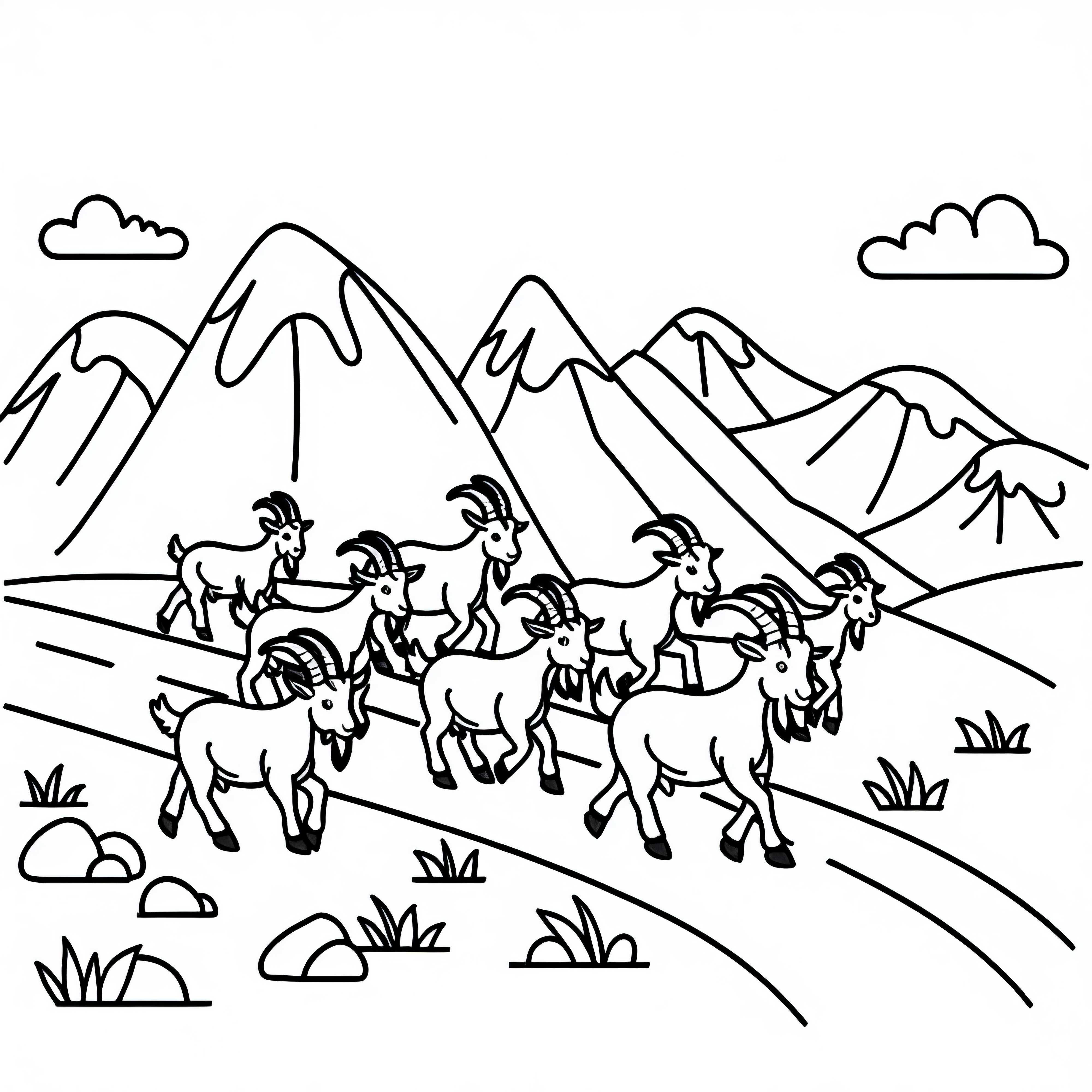 Un grupo de cabras camina por un camino de montaña: Plantilla para colorear simple (Gratis)