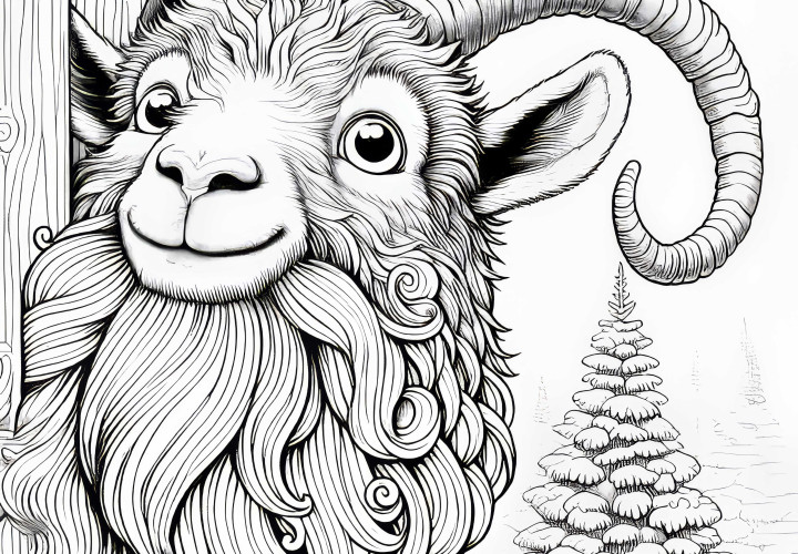 Divertido dibujo para colorear de una cabra con barba para descargar (Gratis) Cabra divertida con barba como imagen para colorear para descargar (Gratis)