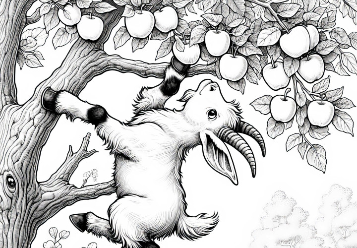 Cabra salta al manzano para comer una manzana: Imagen para colorear gratuita Cabra salta al manzano para comer manzana: Imagen para colorear gratis