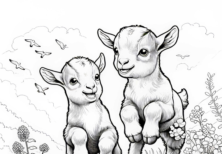 Dos pequeños cabritos saltan felices en el prado: Plantilla de dibujo detallada (Gratis) Dos pequeños cabritos saltan felices en la hierba: Plantilla para colorear detallada (Gratis)