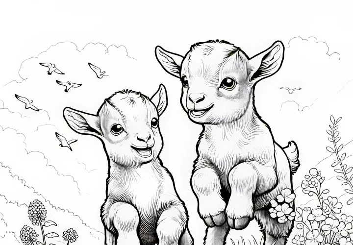 Twee kleine geitjes springen vrolijk op het gras: Gedetailleerde kleurplaat (Gratis)