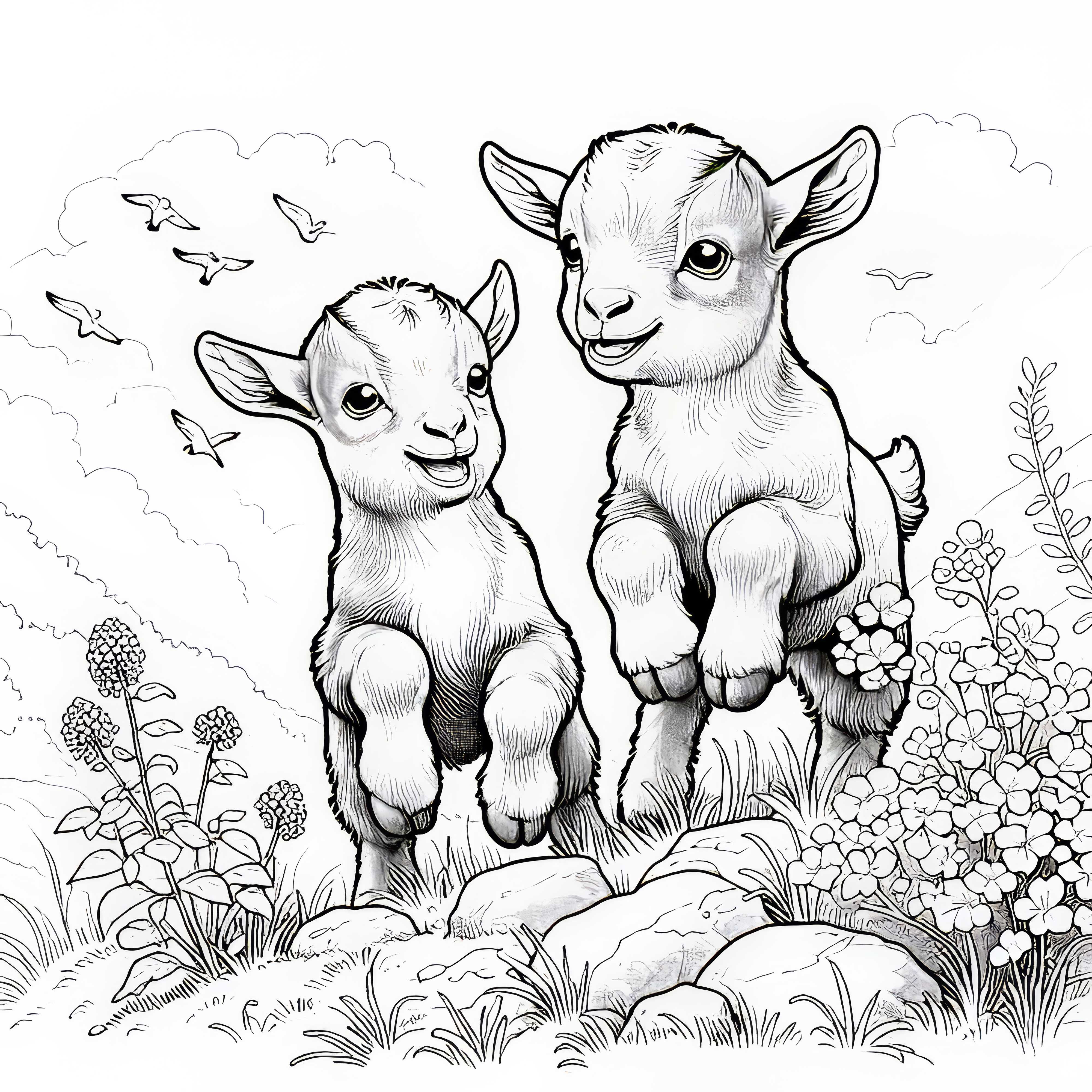 Dos pequeñas cabras saltan alegremente en el prado: Plantilla de pintura detallada (Gratis)