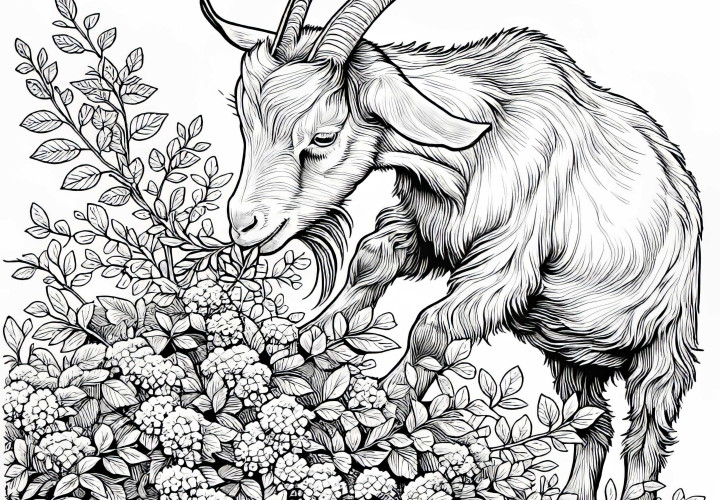 La cabra mordisquea un arbusto: Imagen para colorear para descargar (Gratis) Cabra mordiendo un arbusto: Dibujo para colorear para descargar (gratis)