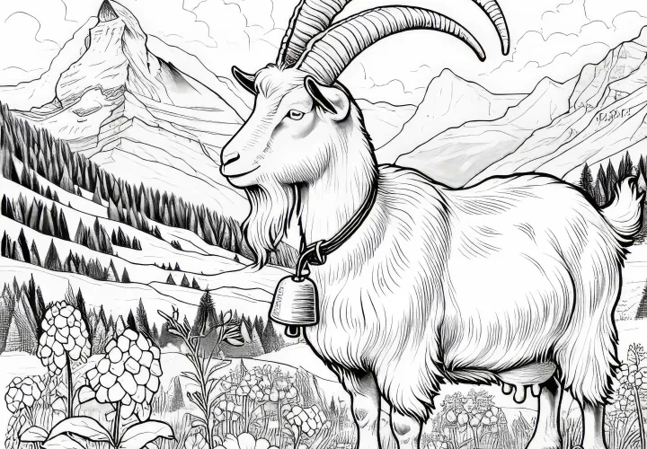 Geit met bel om de hals op alpenweide: Kleurenpagina om te downloaden (Gratis)