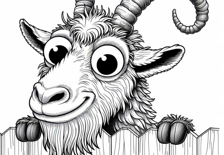 Cabra con cuernos retorcidos mira por encima de la cerca: Imagen para colorear detallada (Gratis) Cabra con cuernos retorcidos mira por encima de la cerca: Imagen para colorear detallada (Gratis)
