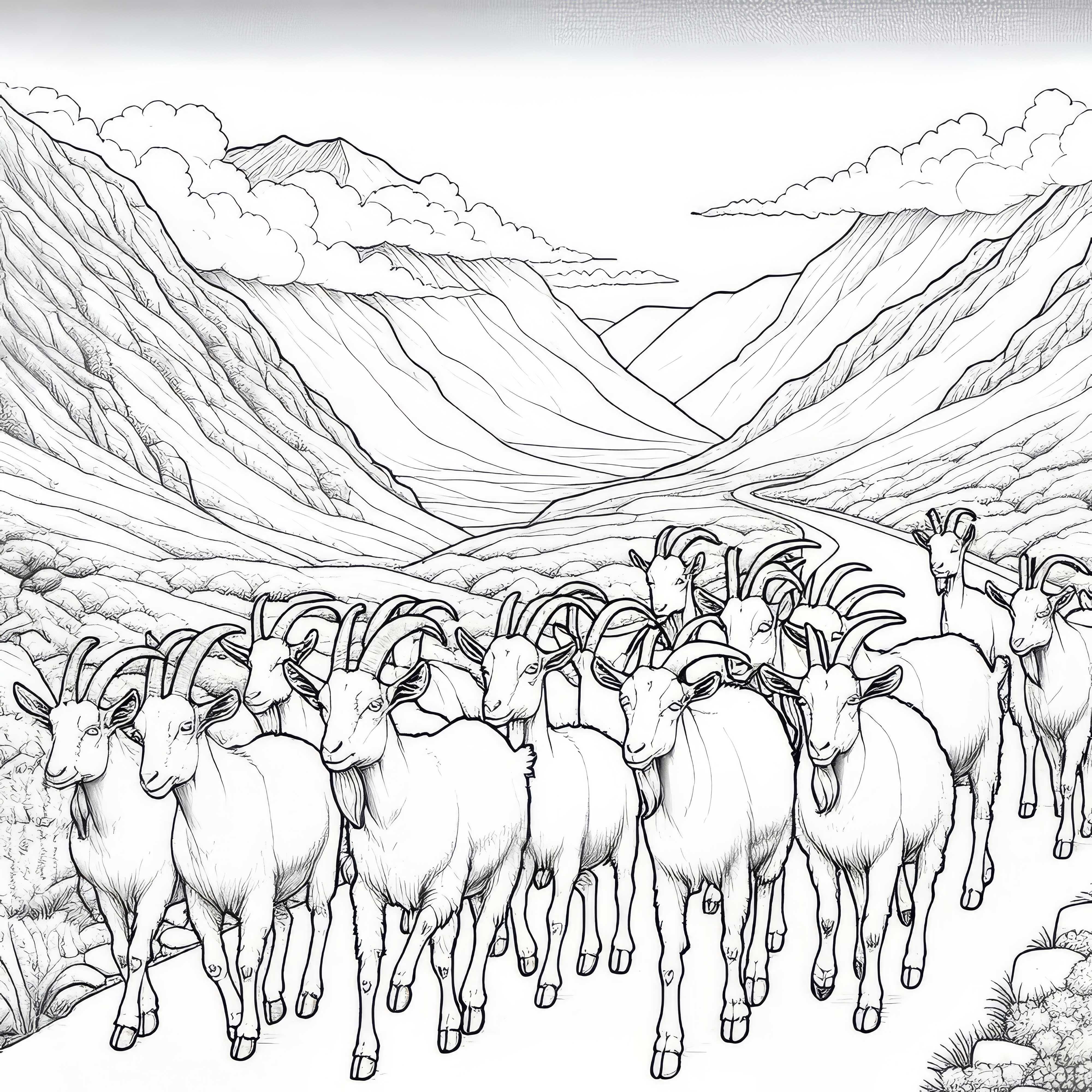 Goats walking on mountain road: Coloring page in high quality (Free)