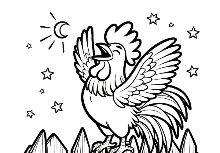Gallo orgulloso canta en la cerca: Dibujo para colorear sencillo (Gratis) Gallo orgulloso canta en la cerca: Dibujo para colorear sencillo (Gratis)