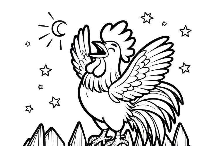 Gallo orgulloso canta en la cerca: Dibujo para colorear sencillo (Gratis)