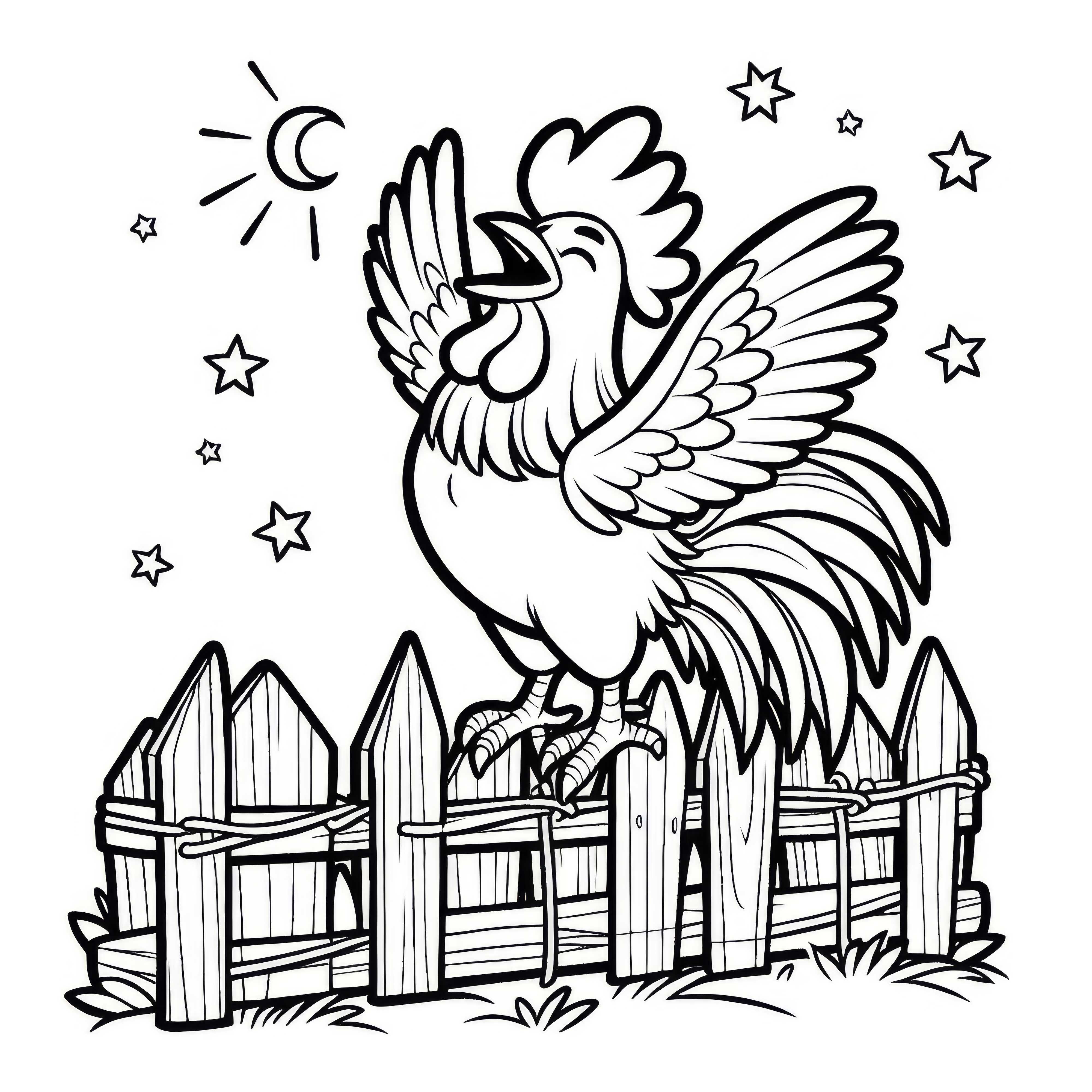 Gallito orgulloso canta en la cerca: Dibujo para colorear sencillo (Gratis)