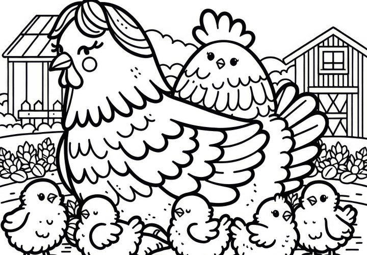 Gallina con pollitos en la granja: Plantilla de colorear simple (Gratis) Gallina con pollitos en la granja: Plantilla para colorear fácil (Gratis)