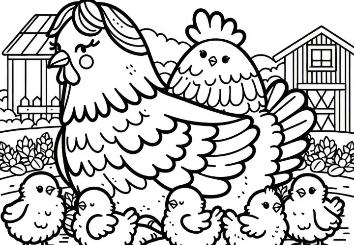 Gallina con pollitos en la granja: Plantilla para colorear fácil (Gratis)