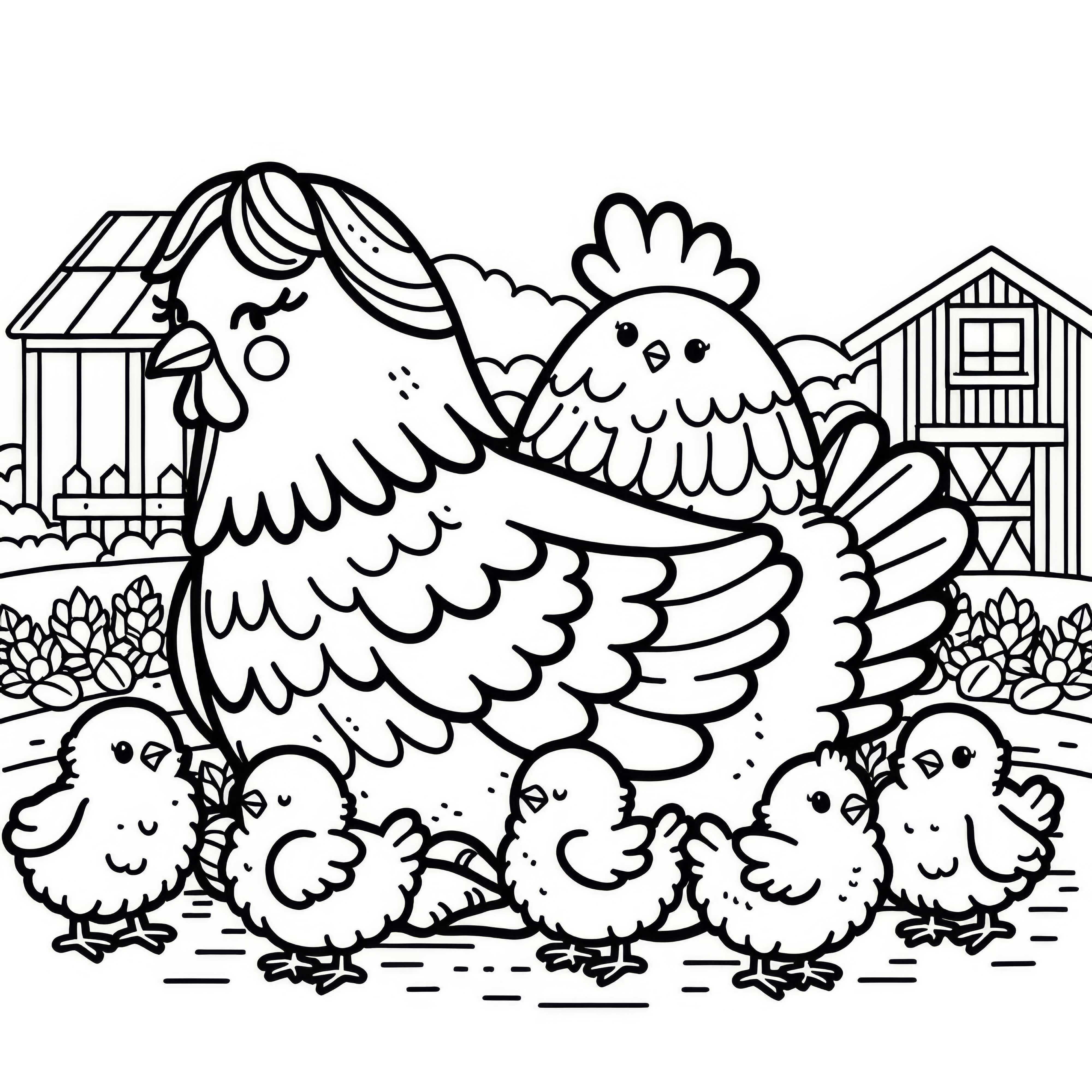 Gallina con pollitos en la granja: Plantilla de dibujo sencilla (Gratis)