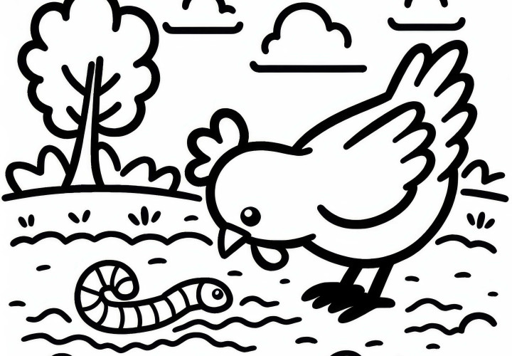 Pollo con un gusano: Plantilla para colorear sencilla (Gratis) Pollo con un gusano: Plantilla para colorear simple (Gratis)