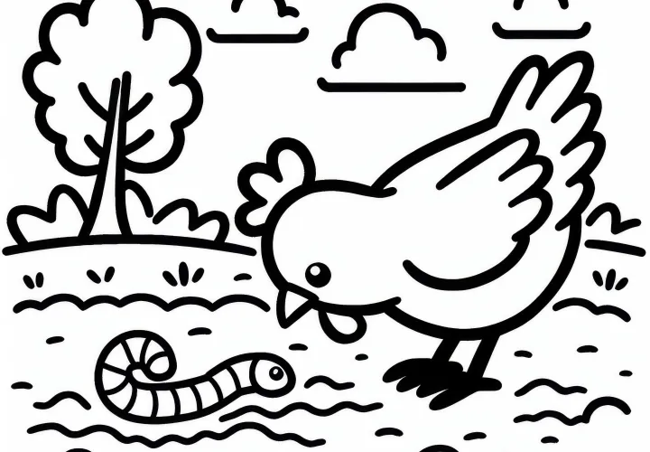 Pollo con un gusano: Plantilla para colorear simple (Gratis)