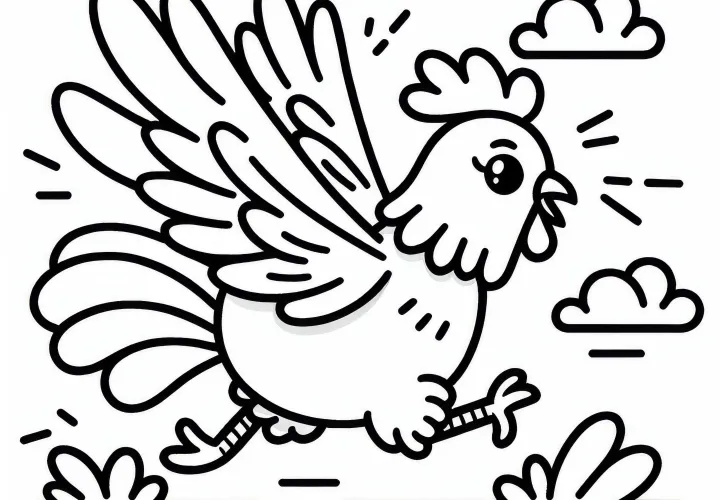 Pollo corre con alas aleteando: Imagen para colorear sencilla (Gratis)