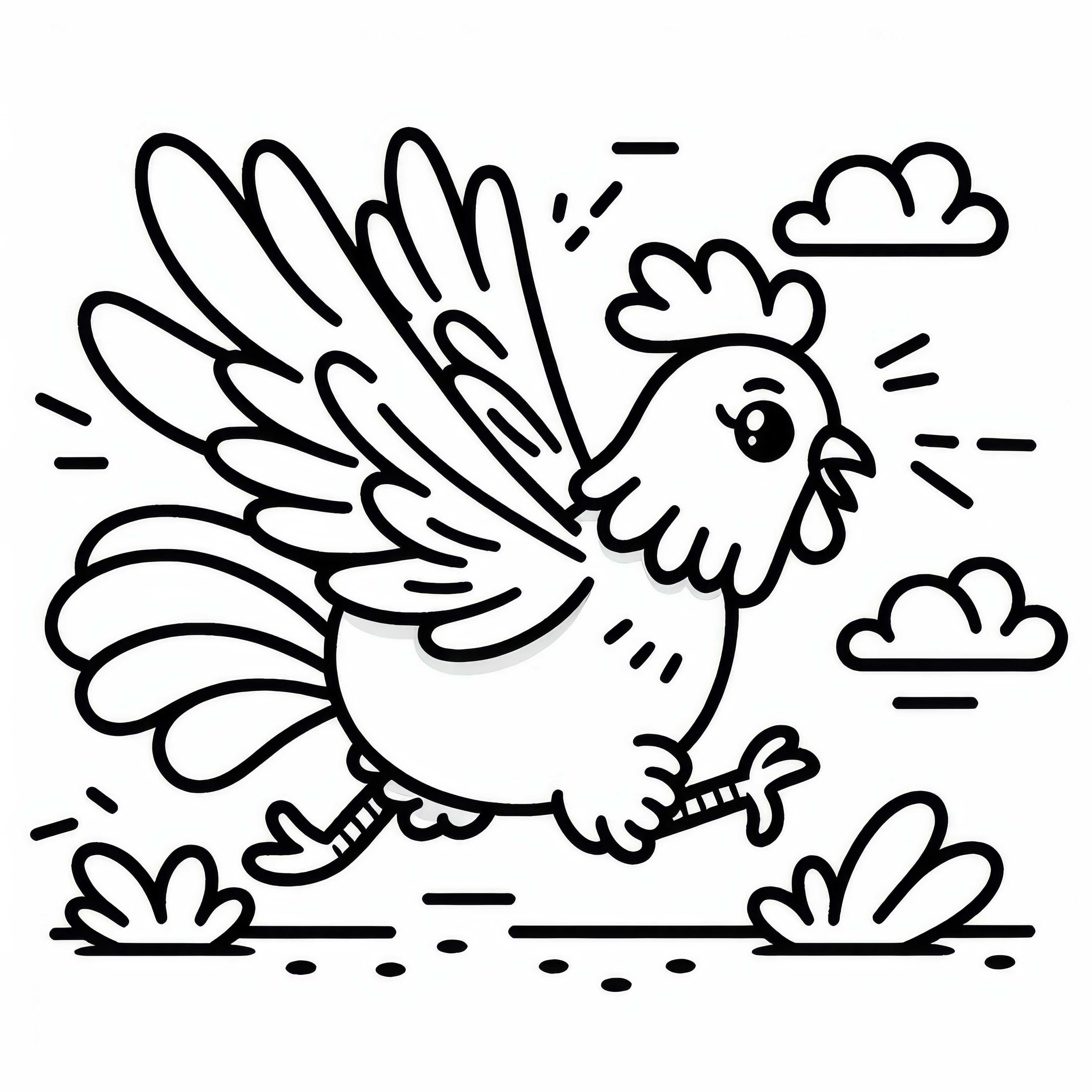 Pollo corre con alas aleteando: Dibujo para colorear simple (Gratis)