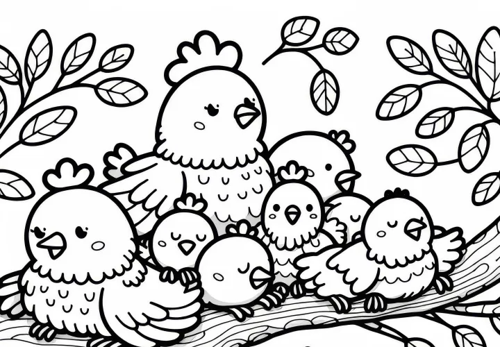 Un grupo de gallinas se sienta en una rama: Plantilla de dibujo simple (Gratis)