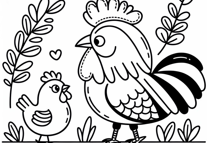 El gallo y la gallina se miran curiosamente: Imagen para colorear para descargar (Gratis) El gallo y la gallina se miran curiosamente: Imagen para colorear para descargar (Gratis)