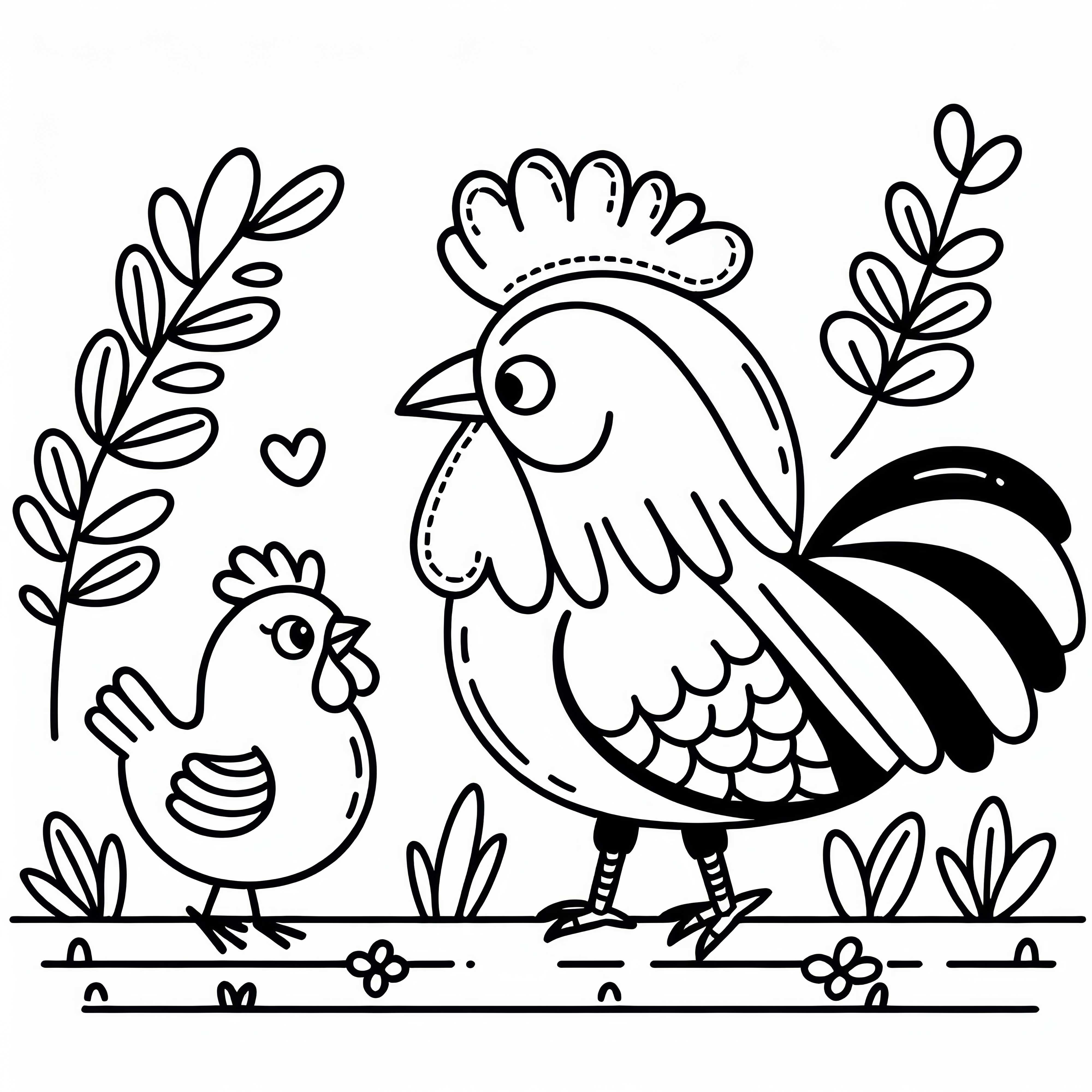 El gallo y la gallina se miran curiosamente: Imagen para colorear para descargar (Gratis)