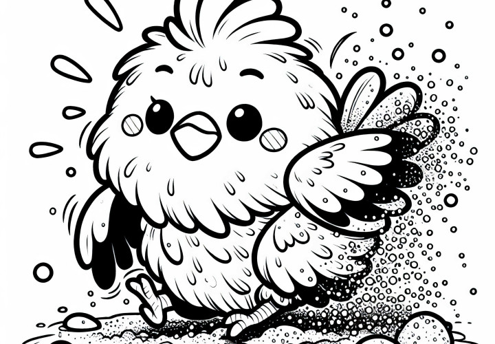 Pollo se sacude después del baño de arena: Imagen para colorear sencilla (Gratis) Gallina se sacude después del baño de arena: Dibujo para colorear sencillo (Gratis)