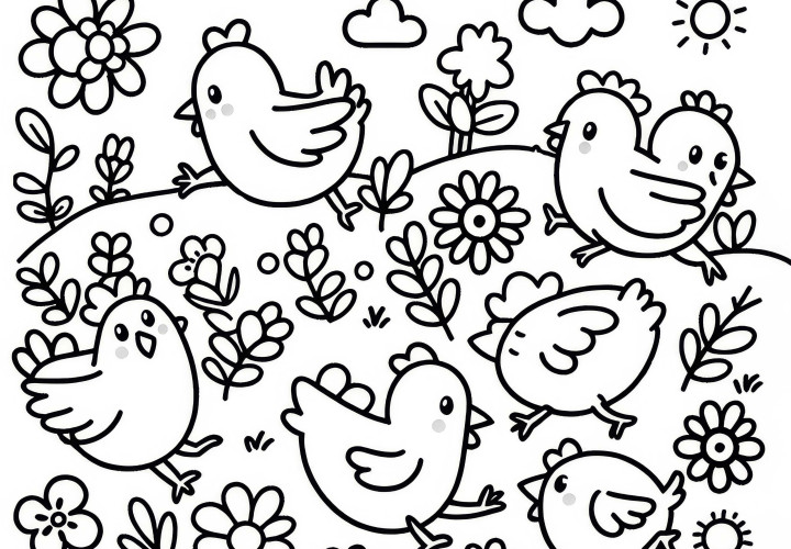 Pollos corren sobre un campo de flores: Imagen para colorear simple (Gratis) Pollos corren sobre pradera de flores: Dibujo para colorear simple (Gratis)