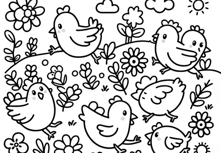 Pollos corren sobre pradera de flores: Dibujo para colorear simple (Gratis)