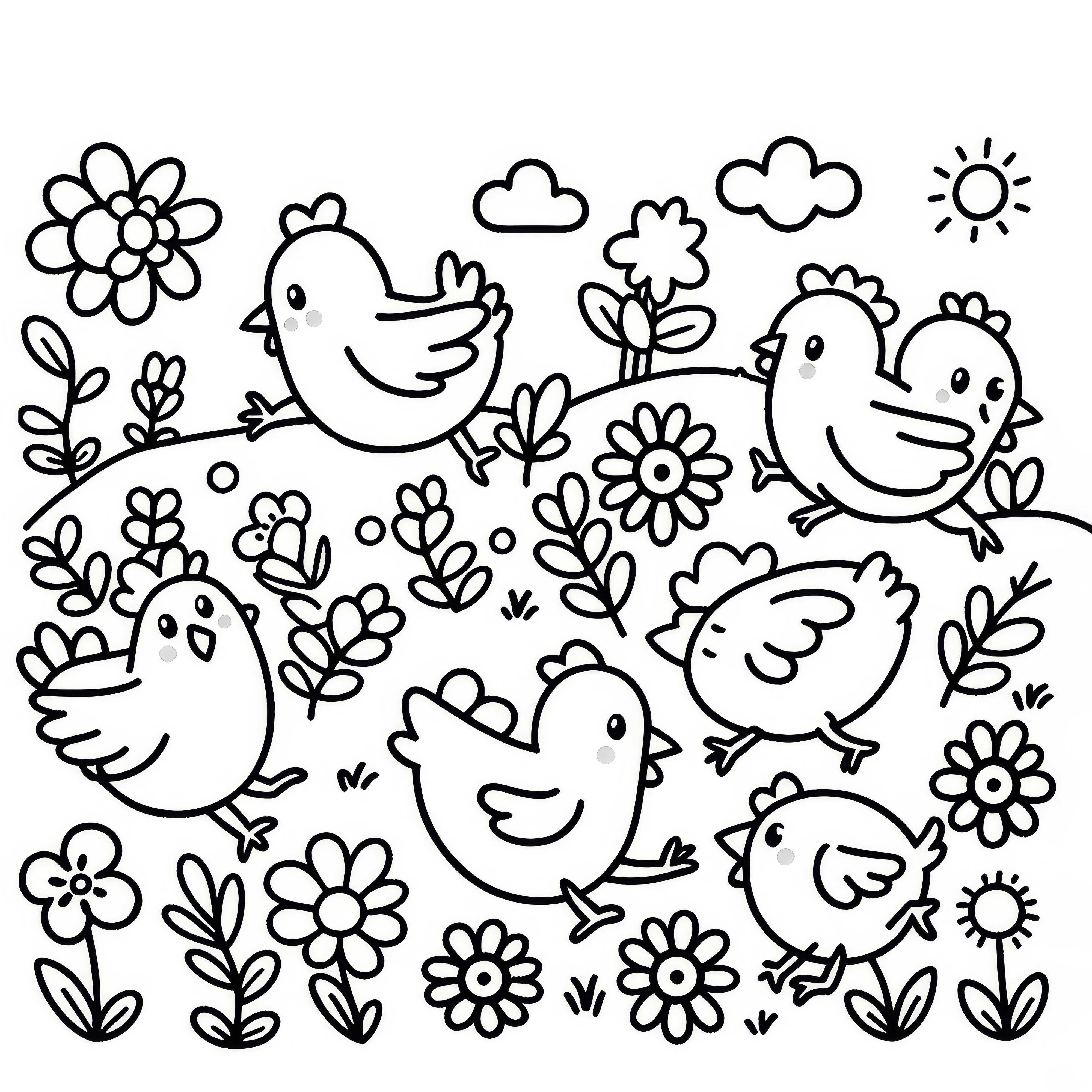 Pollos corren sobre pradera de flores: Dibujo para colorear simple (Gratis)
