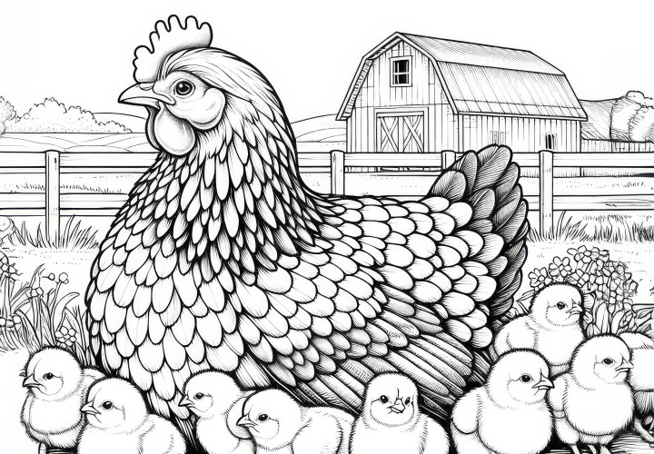 Gallina con pollitos en la granja: Plantilla para colorear para descargar (Gratis) Gallina con pollitos en la granja: Plantilla para colorear para descargar (Gratis)