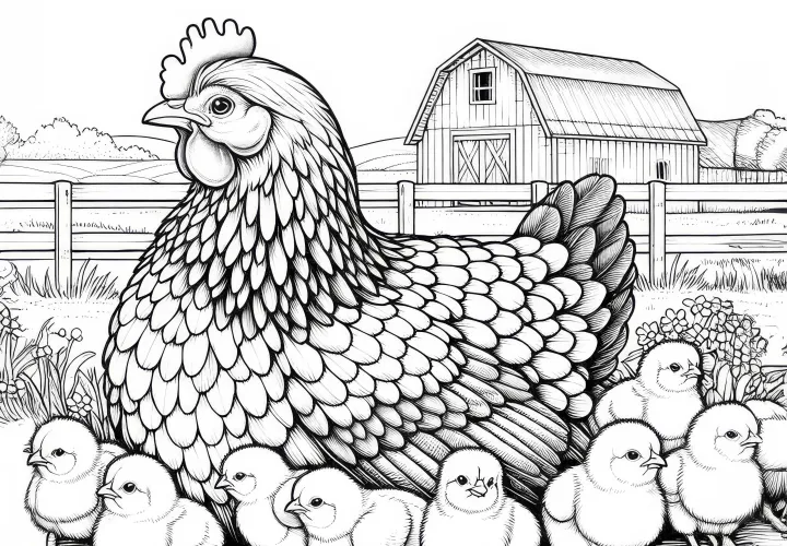 Gallina con pollitos en la granja: Plantilla para colorear para descargar (Gratis)