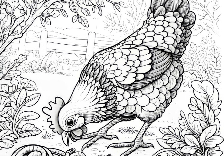 El pollo pica un gusano: Plantilla para colorear para descargar (Gratis) Pollo picoteando un gusano: plantilla para colorear para descargar (gratis)